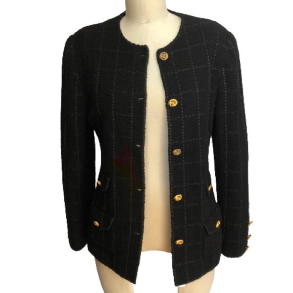 Vtg Military Academia Window Pane Textured Knit Black Gold Knit Blazer - Picture 7 of 16